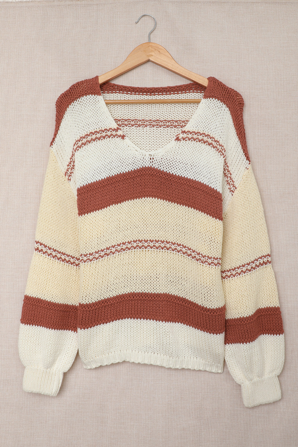 V neck Knitted Lantern Sleeve Pullover Sweater