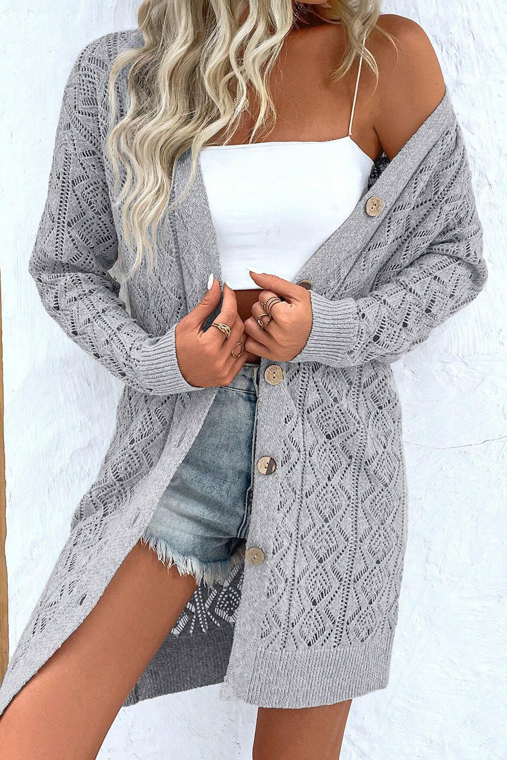 Parchment Hollow Out Button Front Long Cardigan