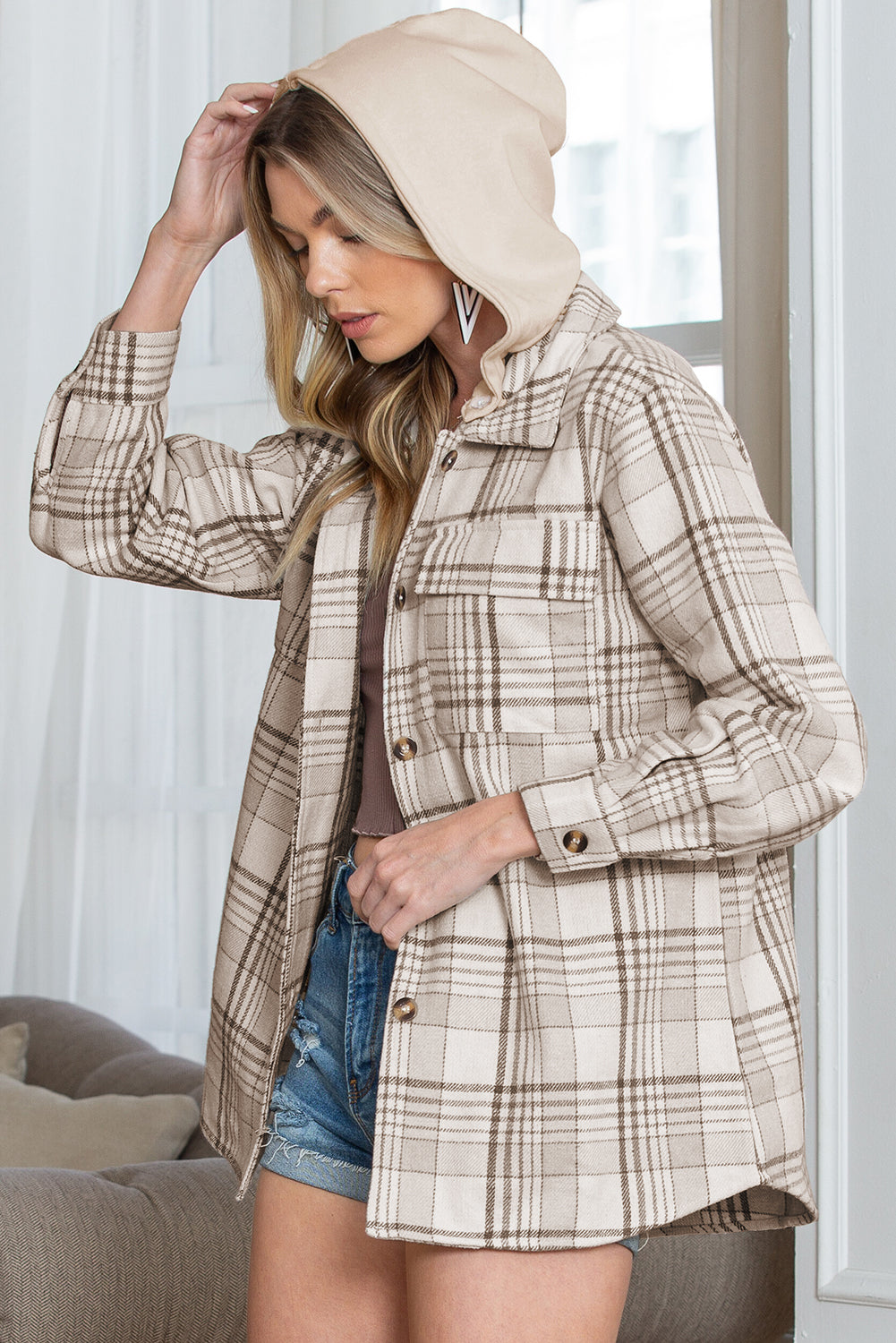 Khaki Plaid Removable Hooded Button Up Jacket