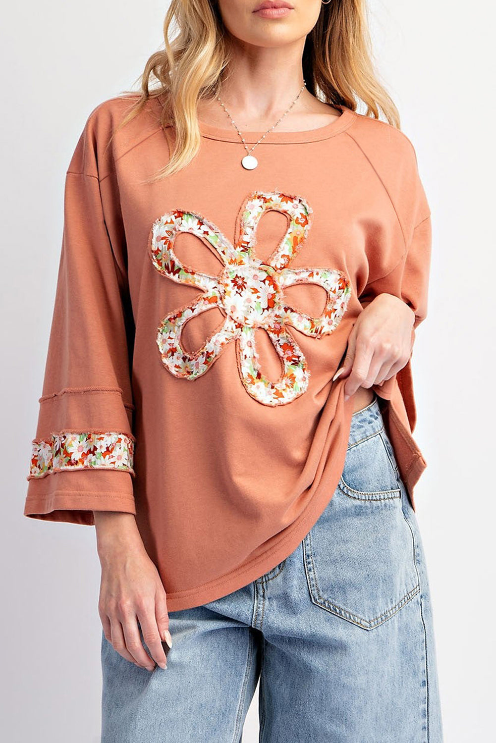 Beige Flower Exposed Seam Patchwork Loose Top