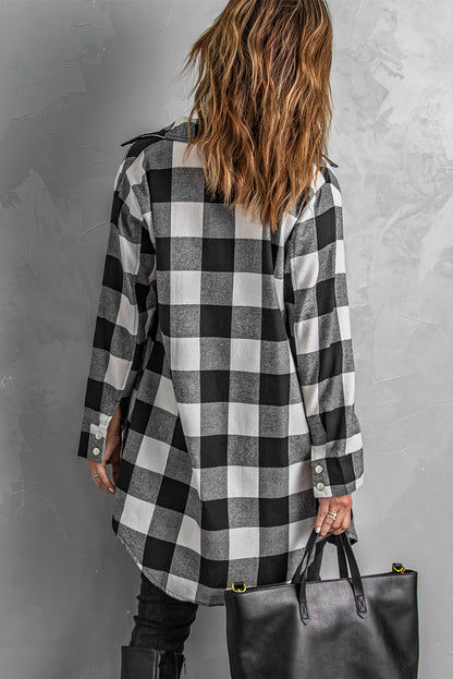 Brown & Black Plaid Collared Botton Down Long Shirt Shacket