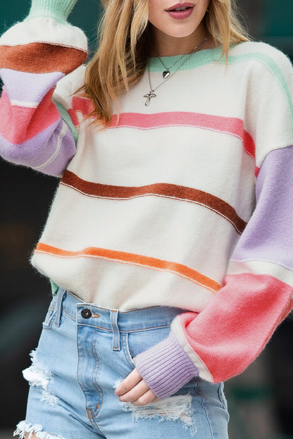 Multicolor Striped Drop Shoulder Crew Neck Sweater