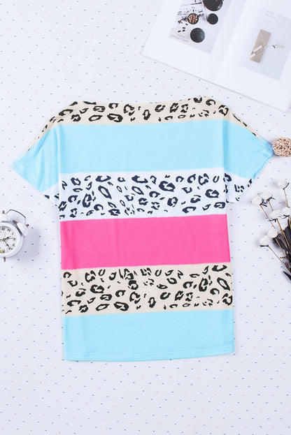 Leopard Stripes Color Block Boat Neck Tee