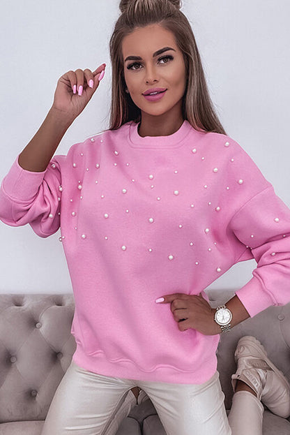 Pink Pearl Decor Contrast Round Neck Sweatshirt