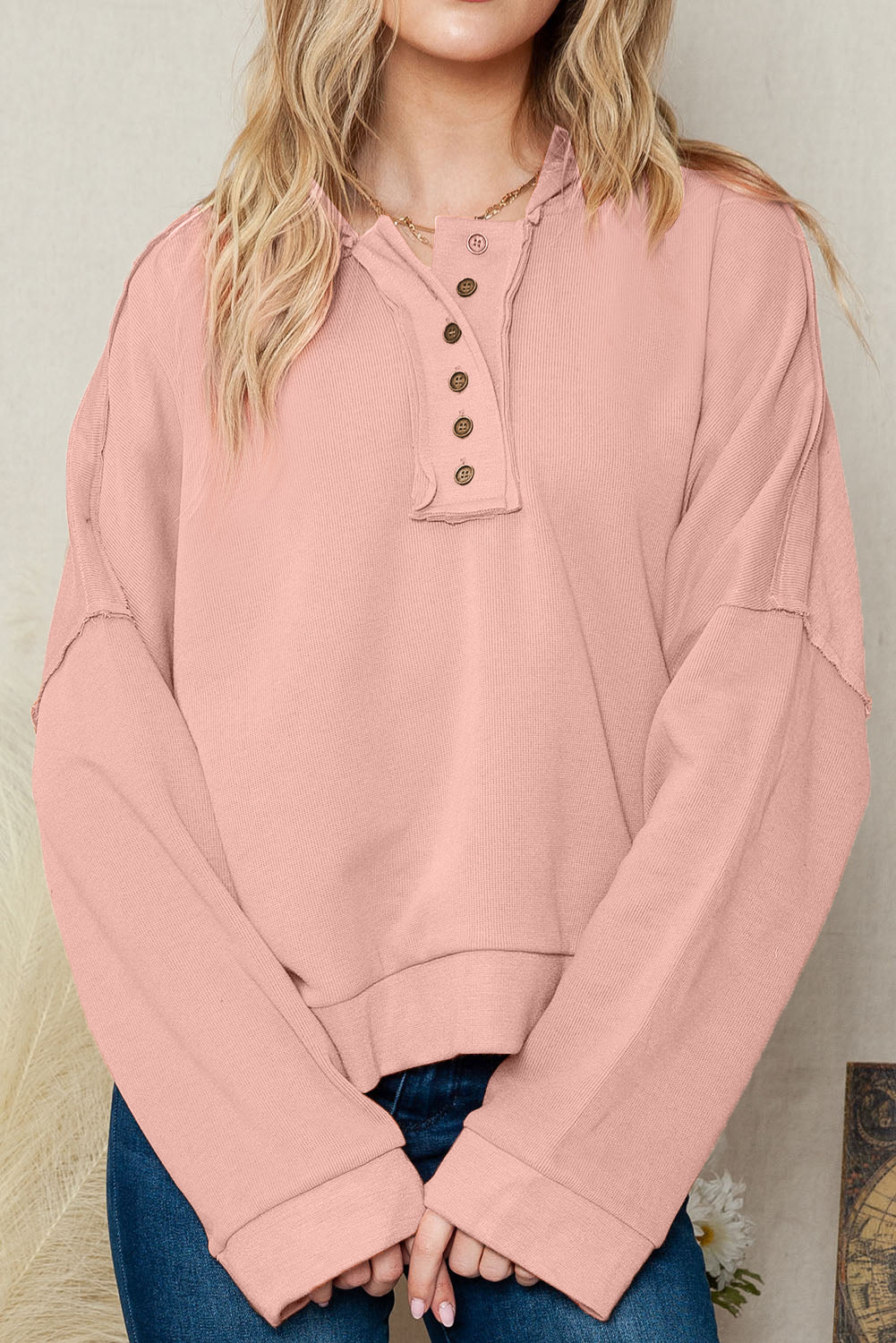 Pink Casual Button Patchwork Trim Hoodie