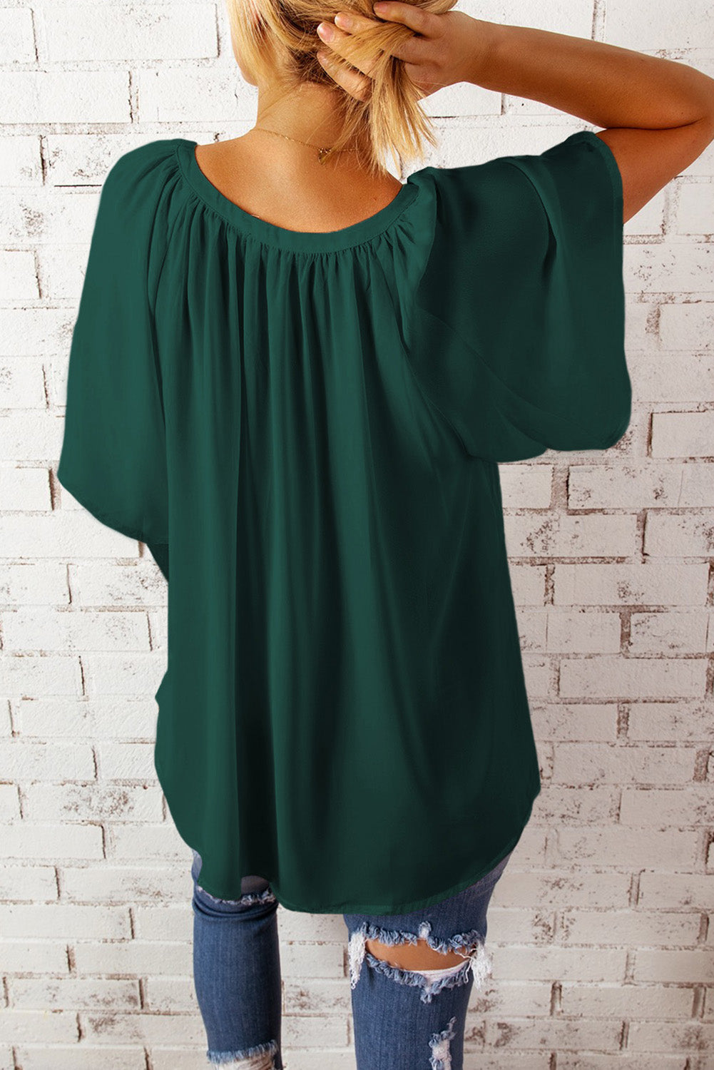 Green Casual Split Neck Pleated Loose Blouse