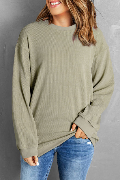 Pink Solid Ribbed Round Neck Pullover Sweatshirt