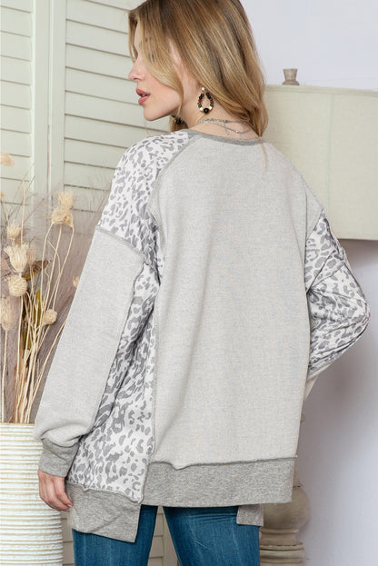 Grey Leopard Print Raglan Sleeve Casual Henley Sweatshirt