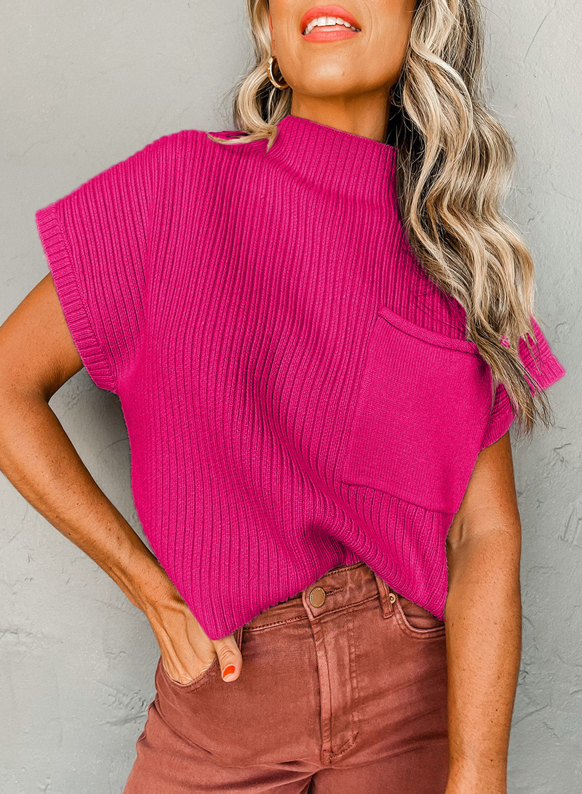 Pink Patch Pocket Ribbed Knit Short Sleeve Sweater