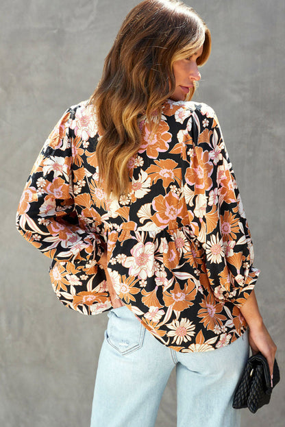 Brown Floral Print Notch Neck 3/4 Sleeve Peasant Blouse