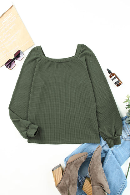 Green Plain Waffle Knit Bishop Sleeve Square Neck Top