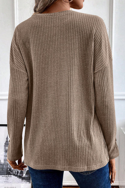 Rose Drop Shoulder Knit Long Sleeve Henley Top