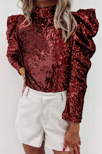 Apricot Sequin Mock Neck Ruched Puff Sleeve Top