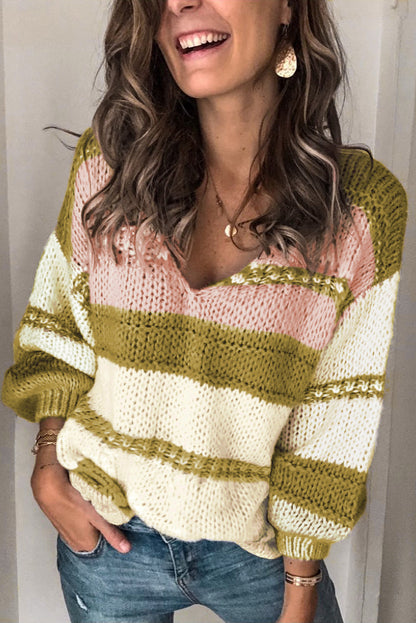 V neck Knitted Lantern Sleeve Pullover Sweater