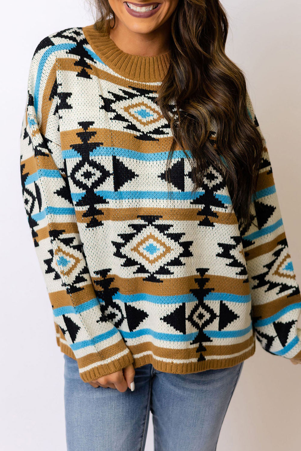 Brown Geometric Striped Knit Ribbed Trim Sweater