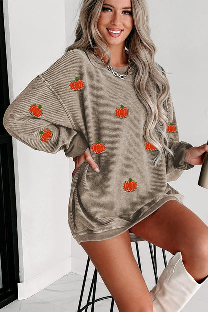 Khaki Crinkle Ribbed Halloween Pumpkin Graphic Sweatshirt