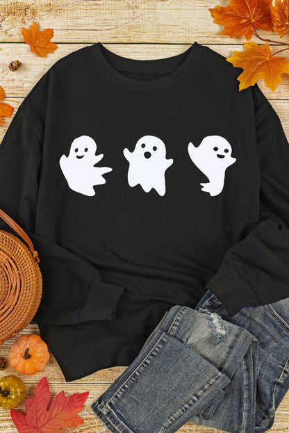 Black Halloween Ghost Print Round Neck Sweatshirt