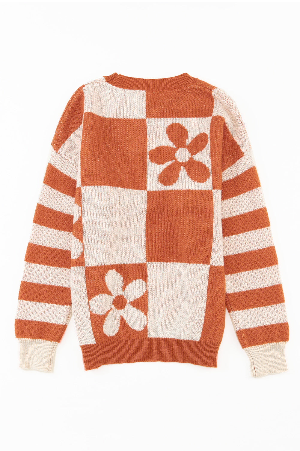 Brown Checkered and Striped Knitted Pullover Sweater