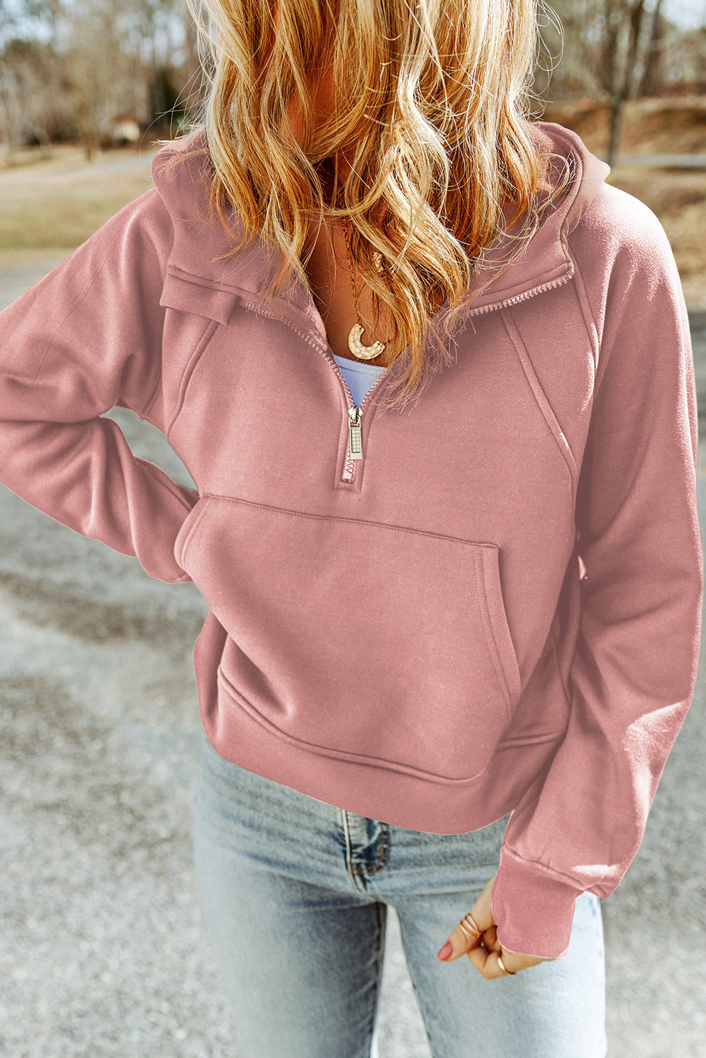 Pink Thumbhole Raglan Sleeve Half Zip Pullover Hoodie