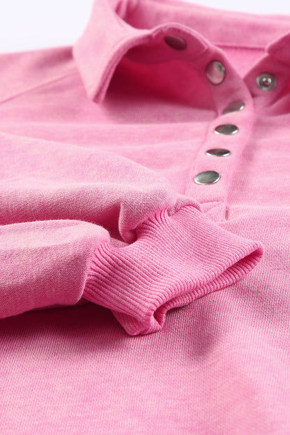 Pink Casual Washed Snap Button Pullover Sweatshirt