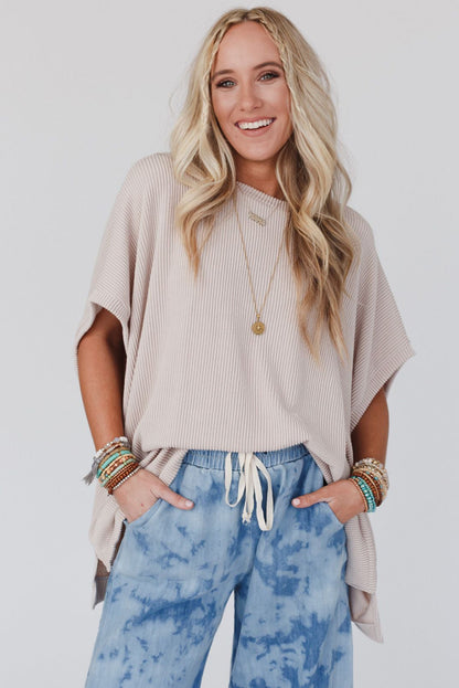 Apricot Ribbed Knit Batwing Sleeve Tunic Tee