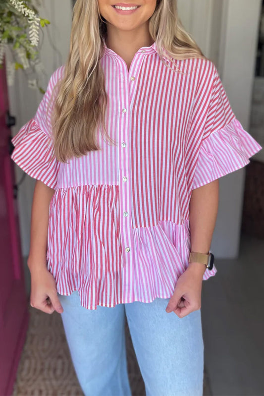 Pink Striped Patchwork Ruffle Button Up Shirt