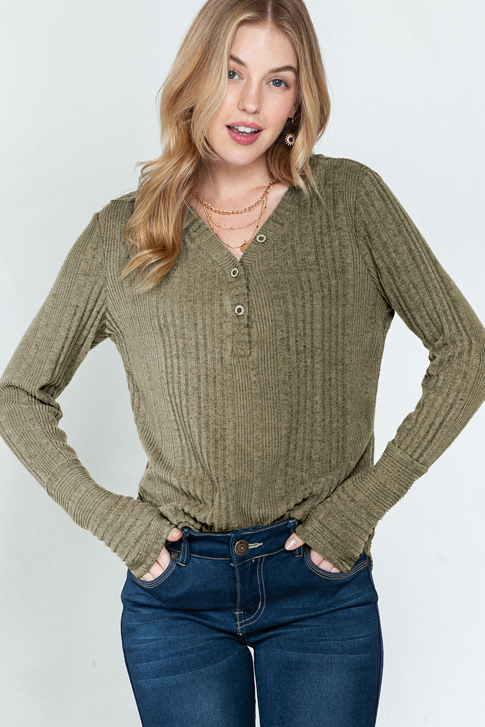 Pickle Green V Neck Buttoned Ribbed Knit Top