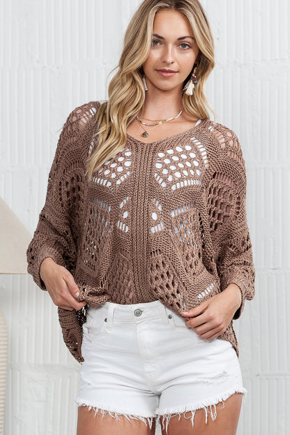 Khaki Hollowed Knit V Neck Dolman Sleeve Sweater