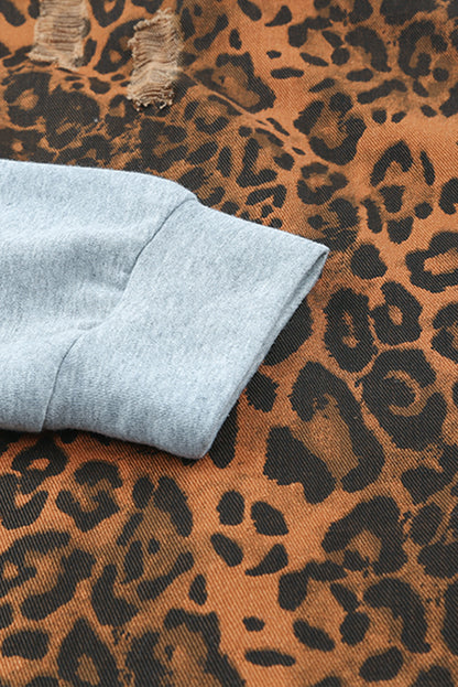 Cheetah Patchwork Ripped Raw Hem Jacket