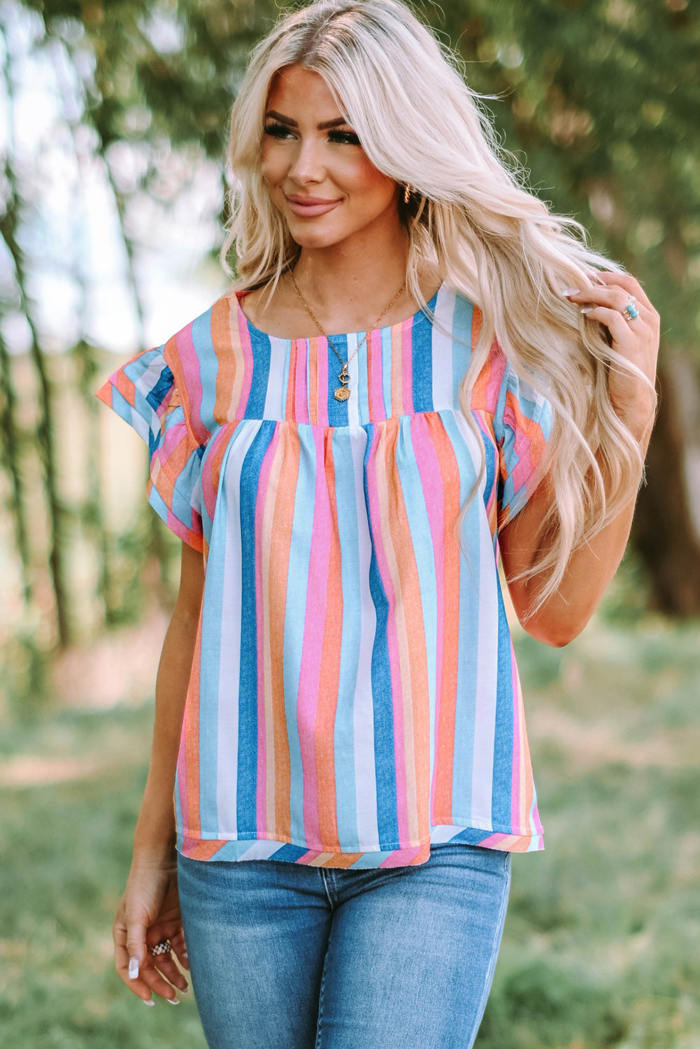 Multicolor Striped Back Button Keyhole Layered Sleeve Blouse