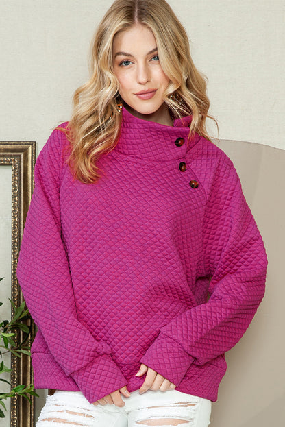 Rose Red Quilted Buttoned Neck Pullover Sweatshirt