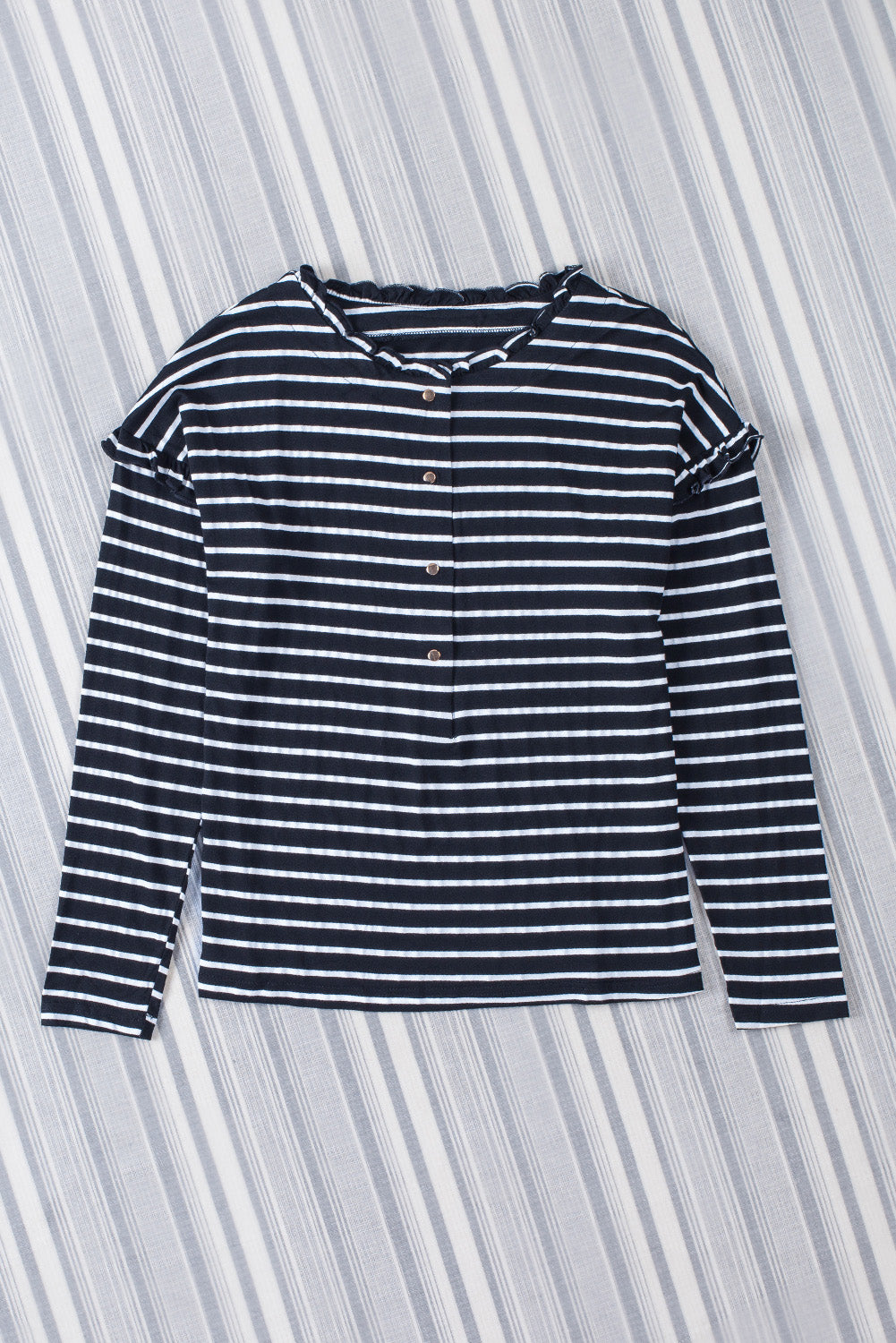 Red Striped Snap Button Frill Neck Long Sleeve Henley Shirt