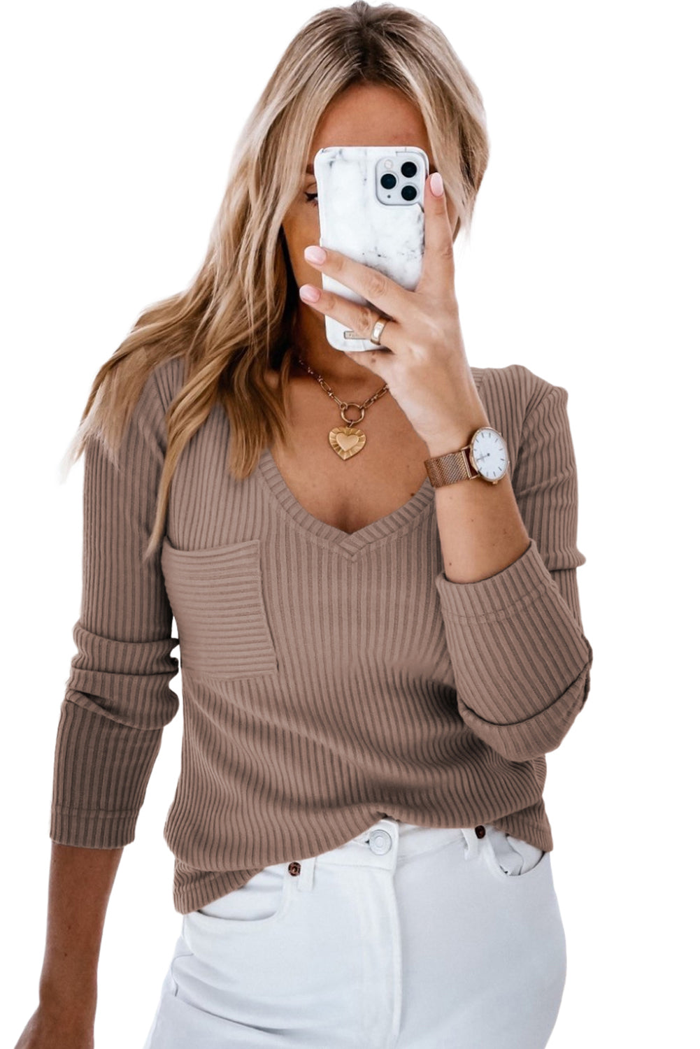 Khaki Ribbed Knit Patched Chest Pocket V Neck Top