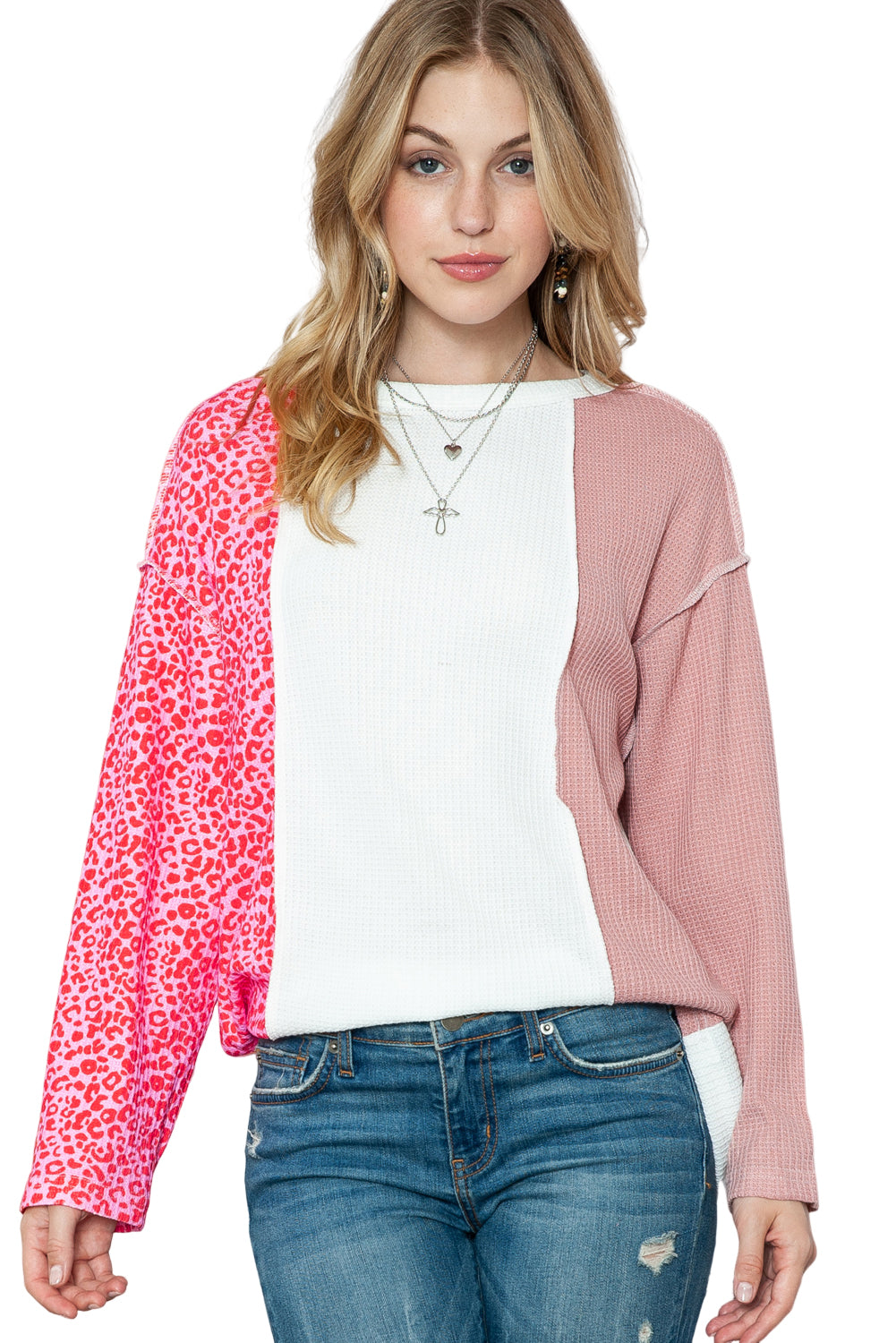 Pink & White Leopard Print Knit Top