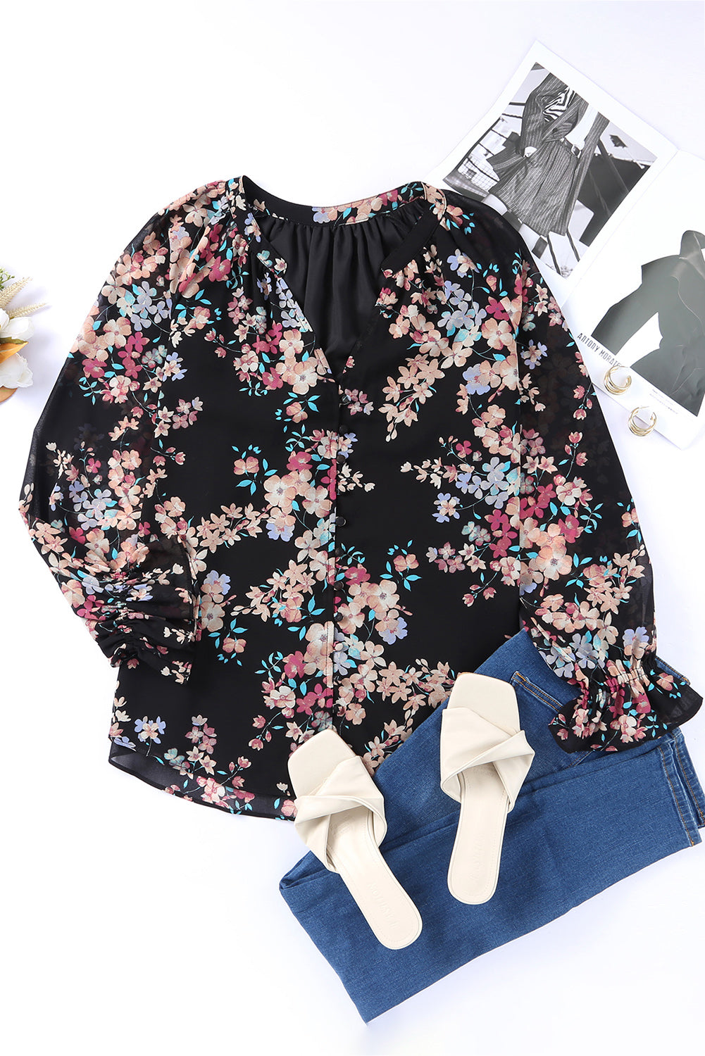 Black Floral Boho Chiffon Ruffle Blouse