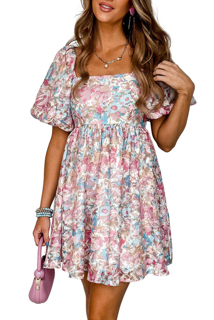 Pink Floral Lantern Sleeve Square Neck Mini Dress