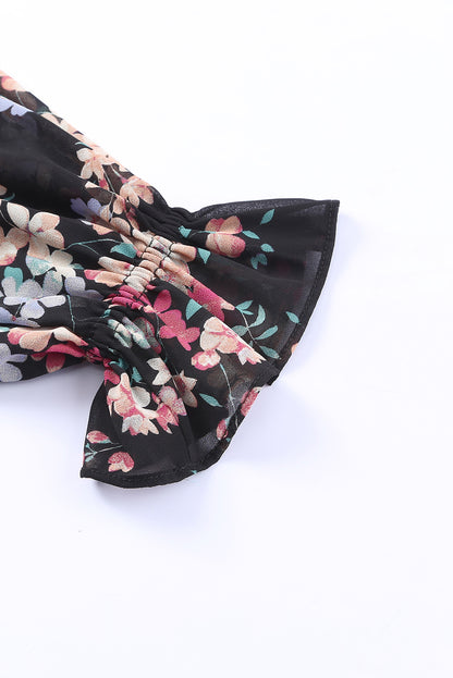 Black Floral Boho Chiffon Ruffle Blouse