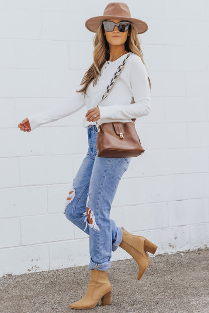 White Casual Waffle Button Front Knit Henley Top