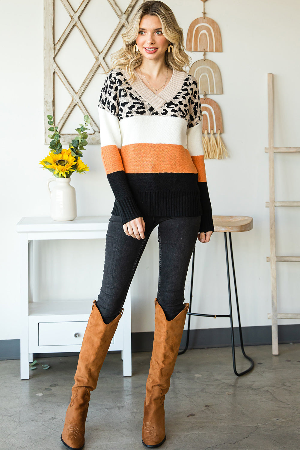 Khaki Leopard Color Block Casual V Neck Sweater