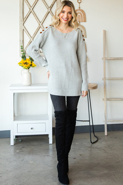 Grey Buttoned Drop Shoulder Oversized Sweater