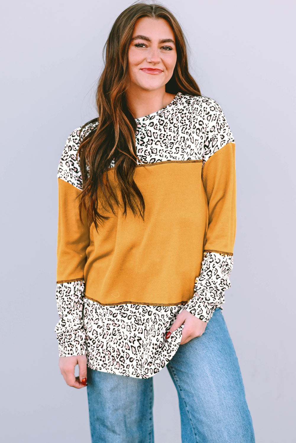 Light Pink Leopard Print Waffle Knit Patchwork Top