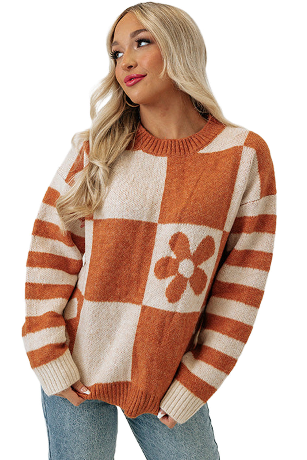 Brown Checkered and Striped Knitted Pullover Sweater