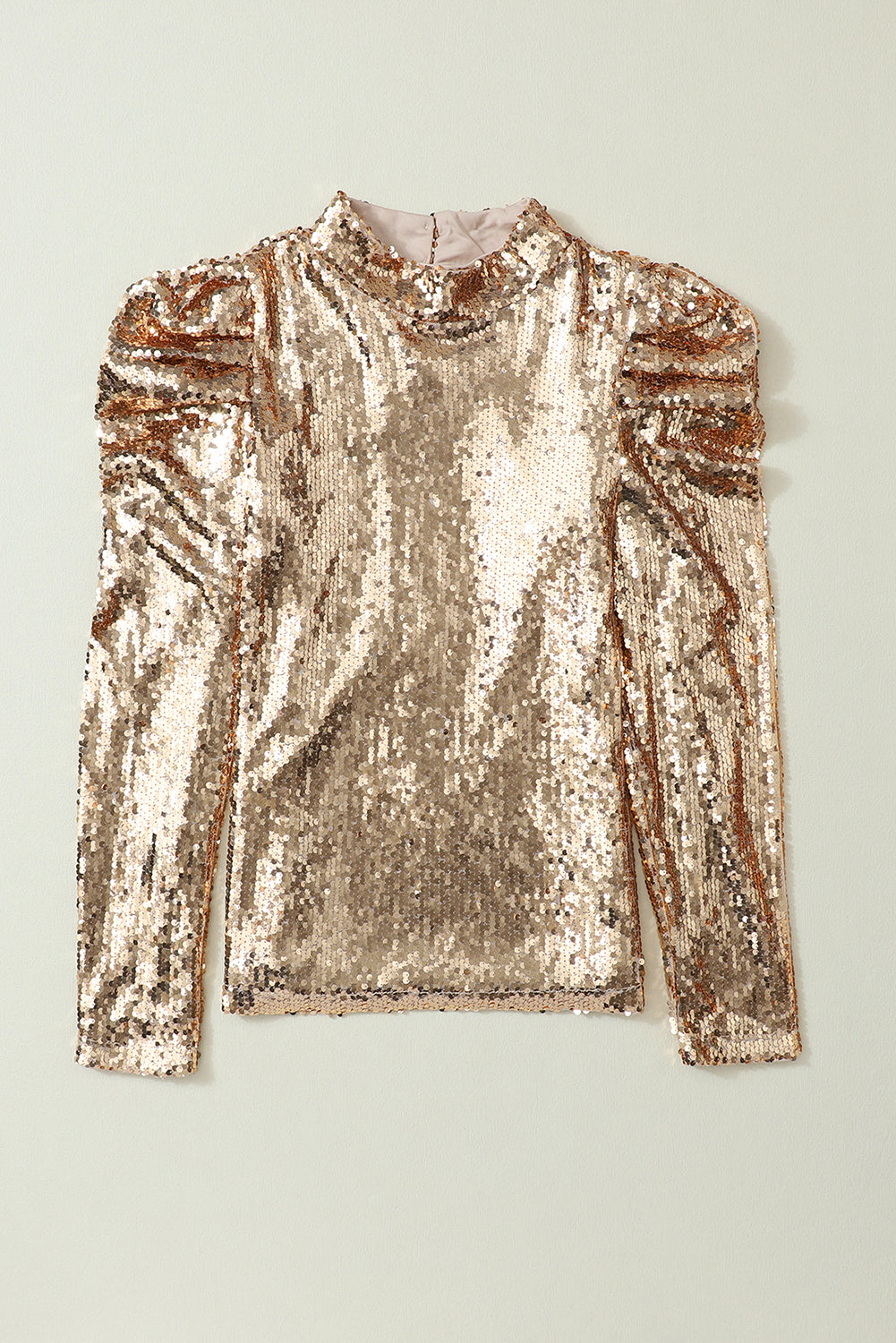 Apricot Sequin Mock Neck Ruched Puff Sleeve Top