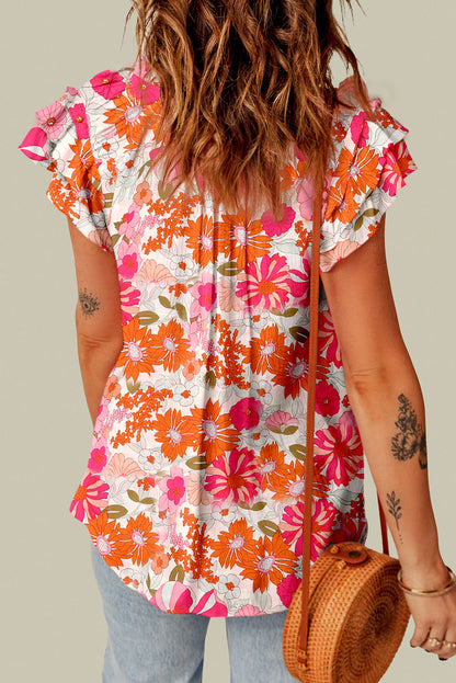 Multicolor Floral Print Ruffled Sleeve Split V Neck Peasant Top