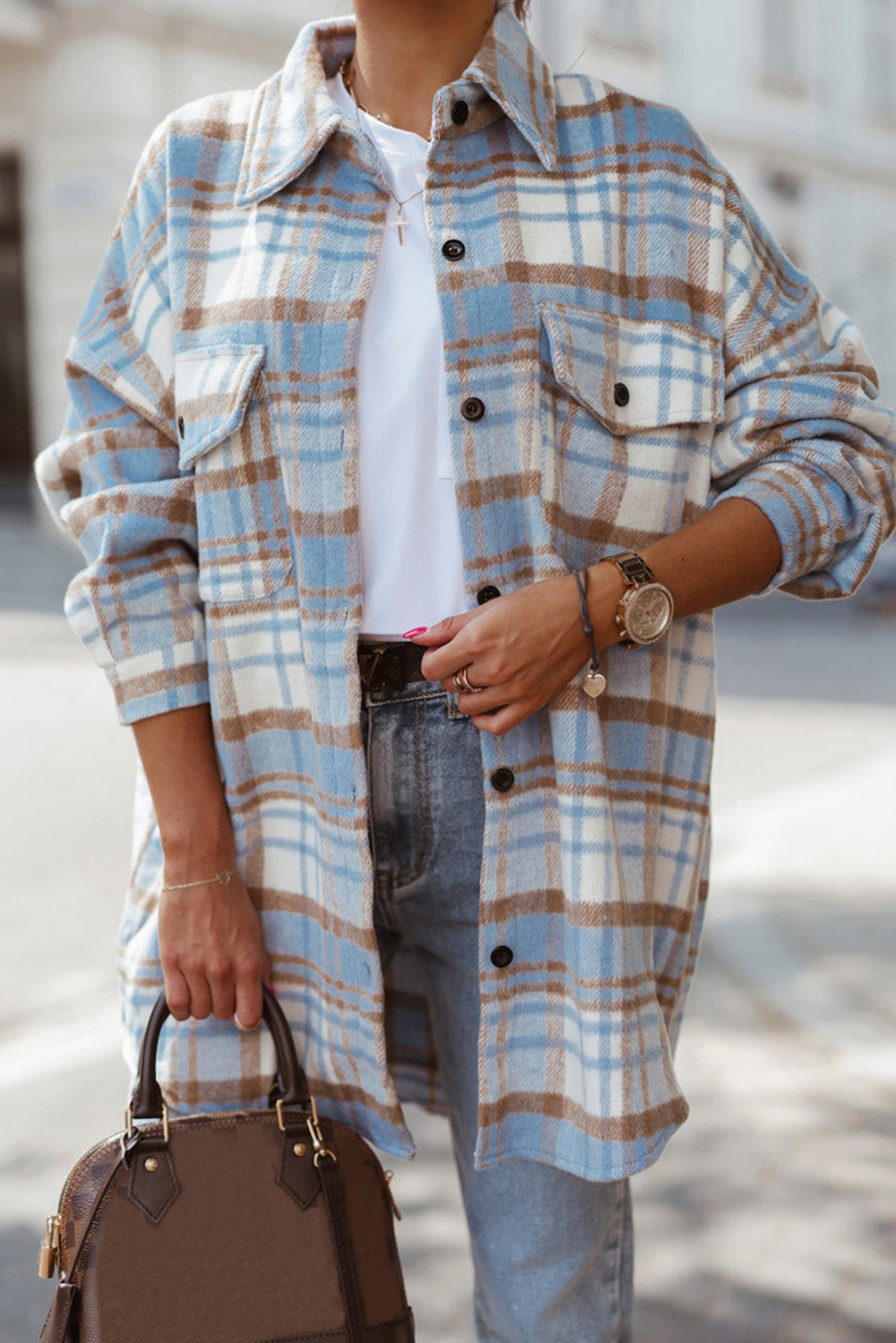 Red Plaid Flap Pocket Long Sleeve Oversized Shacket