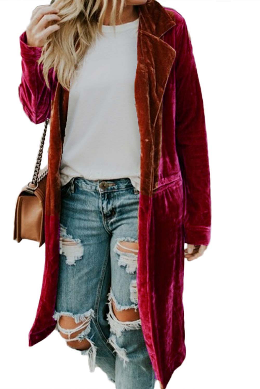 Red Casual Velvet Lapel Pocket Long Coat