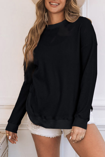 Pink Waffle Knit Crew Neck Casual Long Sleeve Top