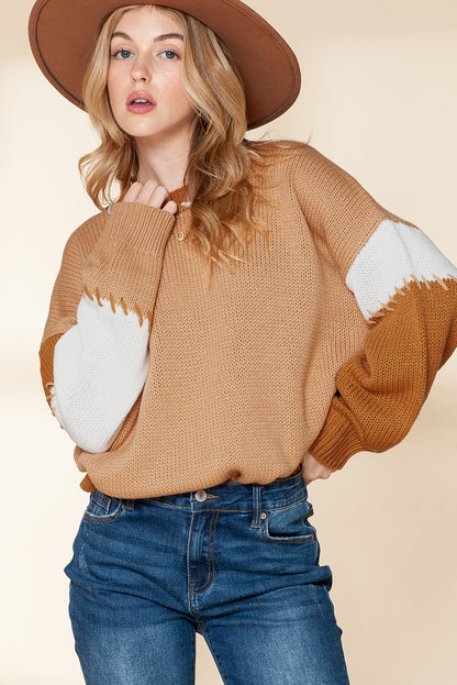 Flaxen Patchwork Drop Sleeve Knit Pullover Sweater