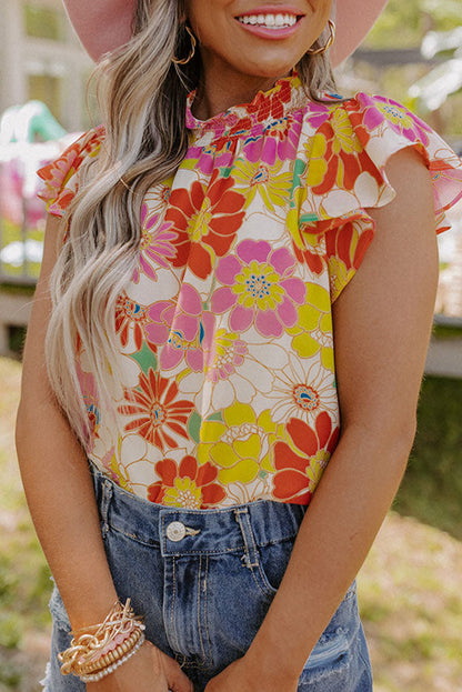 Multicolor Stand Collar Flutter Sleeves Floral Top