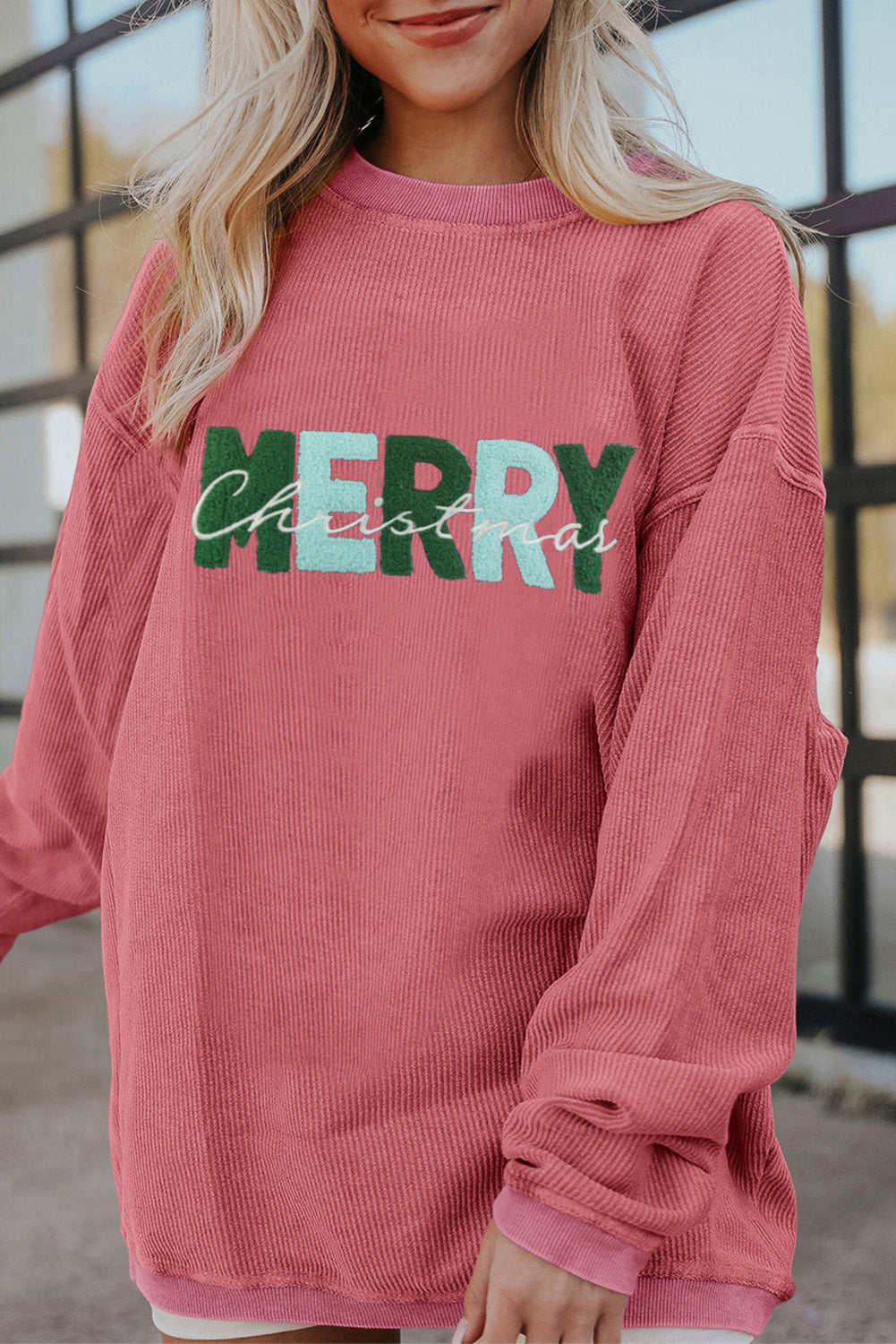 Strawberry Pink MERRY Christmas Corded Graphic Sweatshirt